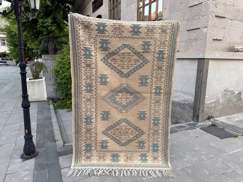 Handmade Turkish Wool Rug 4.4x7.5 Ft Vintage Tribal Cream Blue Area Rug