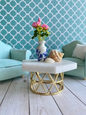 Modern dollhouse 1:12 scale marble stone metal coffee Table living room hexagon