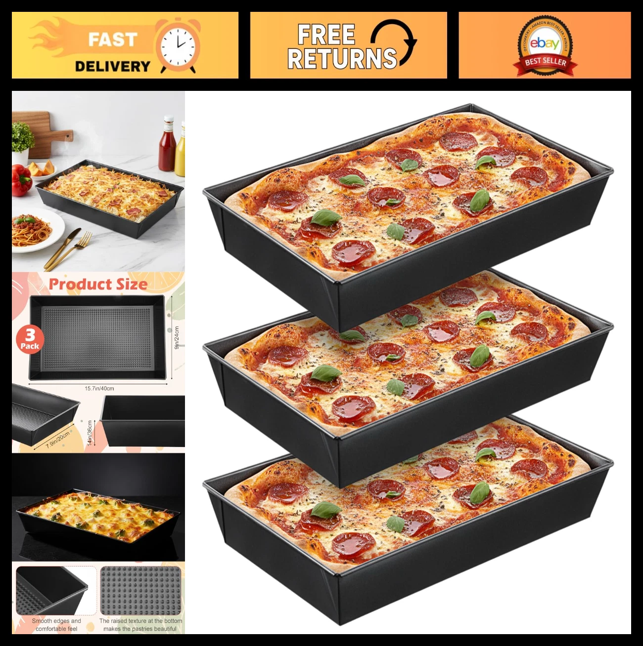 3 Pack Non-Stick Detroit Style Pizza Pans 15.7"x9" Deep Dish Bakeware, BPA Free