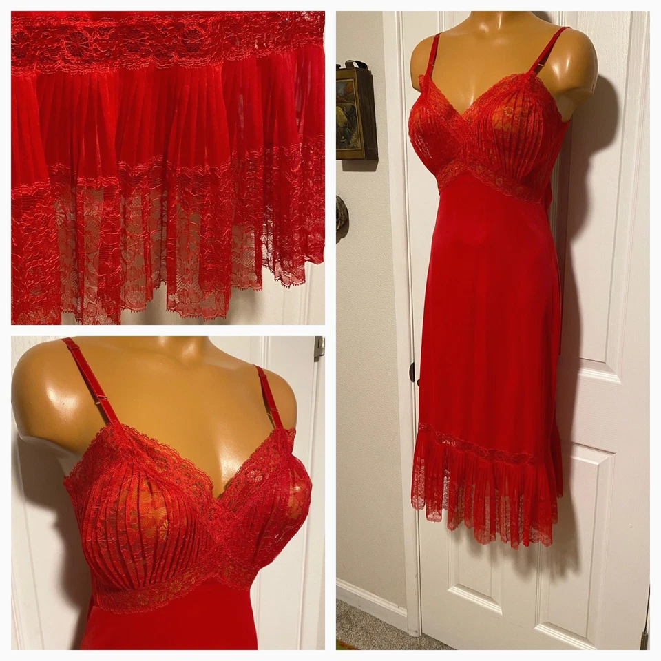 DE COLECCIÓN AÑOS 60 RARO VAN RAALTE ROJO OPAQUELÓN CON RIBETE DE ENCAJE CHANTILLY DESLIZAMIENTO COMPLETO TALLA 32 Foto 3 de 4