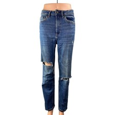 Stradivarius Womens Blue Distressed Slim Fit Straight Leg Mom Denim Jeans Size 6