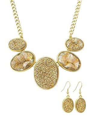 Textured Fools Gold Metallic Oval Necklace Earrings D9