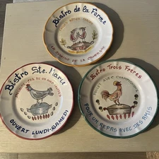 3 Vietri Solimene Italian Pottery Bistro 10" Dinner Plates Chickens Italy