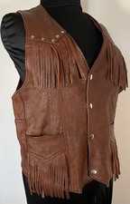 VTG 70's/80's Brown Leather Fringe Vest Made in USA Western Cowboy Biker Boho XL