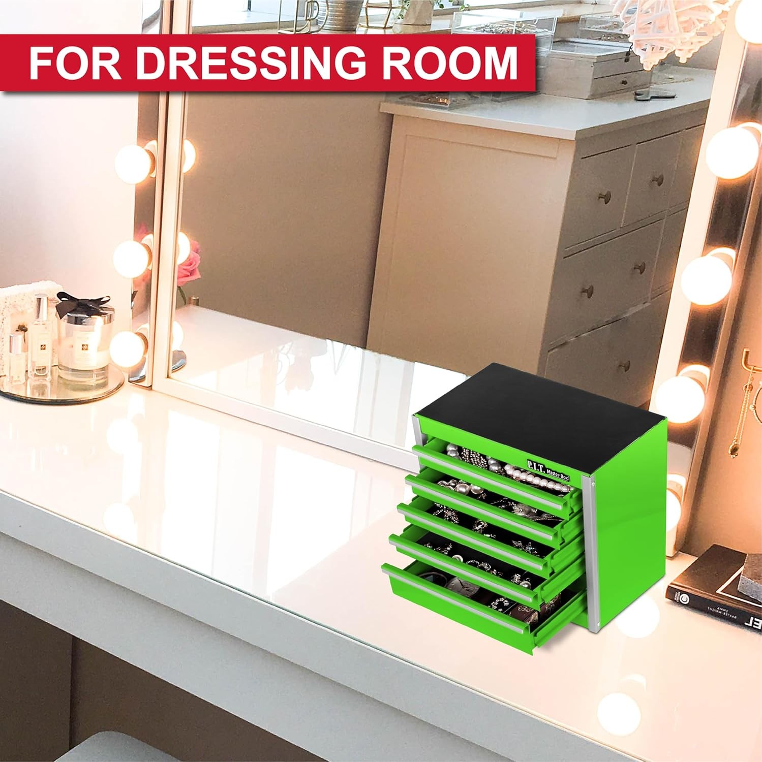 P.I.T. Mini Green Tool Box, Portable 5-Drawer Micro Roll Cab 5-Drawer, 