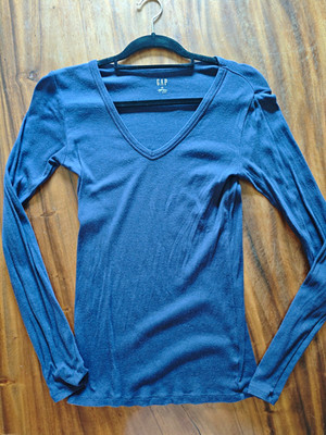 Gap Damen T-Shirt Langarm V-Ausschnitt Basic Unifarben Blau Größe XS