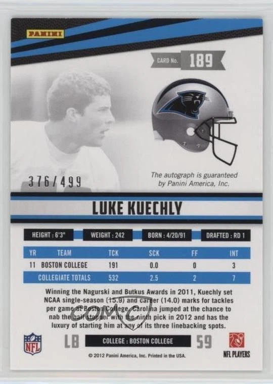 2012 Panini Rookies & Stars Rookie Signatures /499 Luke Kuechly #189 Auto RC - Image 2 of 2