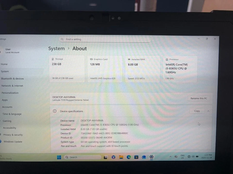 Dell Latitude 7220 Rugged 11.6" Core i5-8365U 1.90GHZ 8GB RAM 256GB SSD 4G LTE - Image 3 of 4