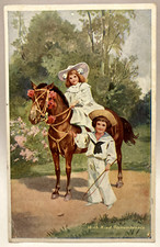 1910 With Kind Remembrance, Girl Riding Horse, Boy, Children, Vintage Postcard