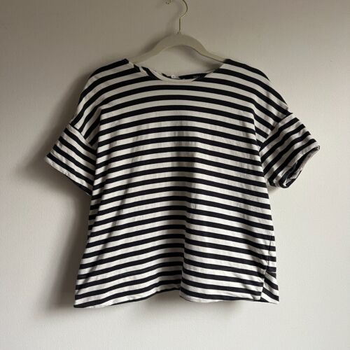 SABA Boxy Cut Striped Navy and White Thick Cotton T-Shirt, Woman's Size 14