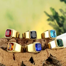 Men Women Blue Stone Signet Ring Stainless Steel Statement Wedding Size 7-15