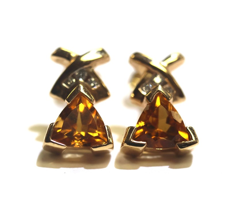 14k yellow gold diamond 7x6mm trillion citrine stud earrings 3g SI1 H vintage
