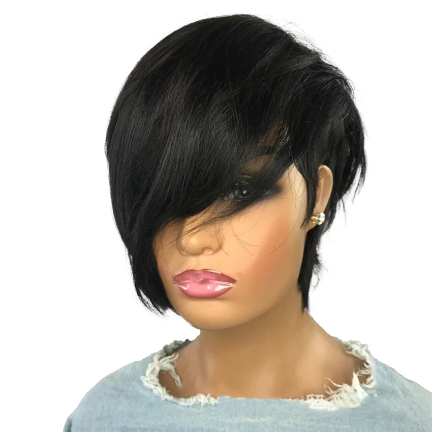 Short Black Human Hair Wigs for Women Pixie Cut Wigs Wave with Side Bangs - Image 2 of 4