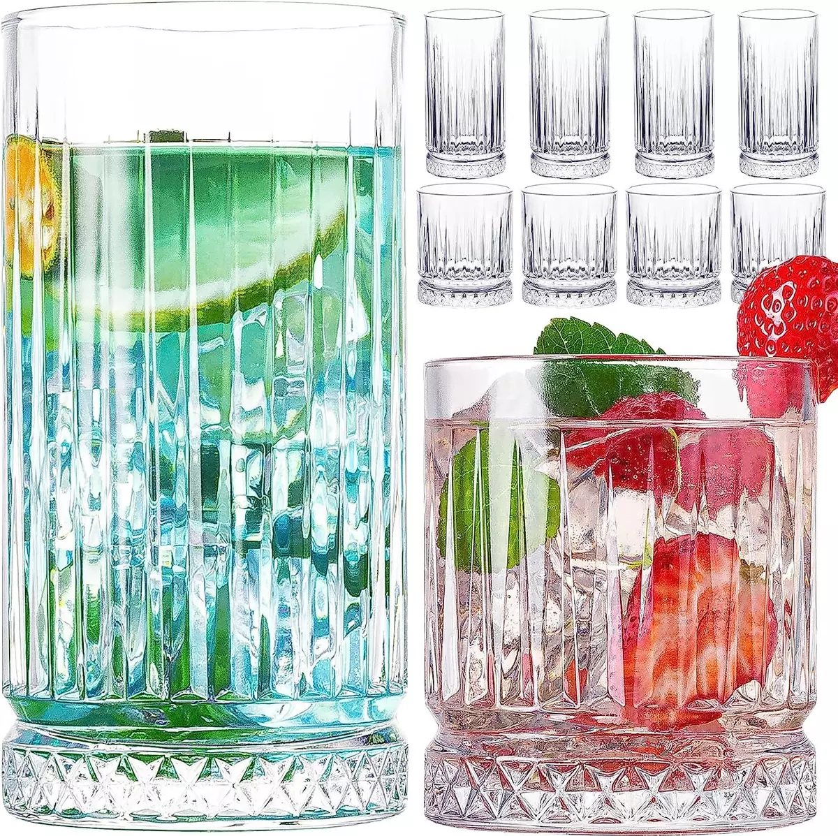 wookgreat Crystal Drinking Glasses, Set of 8 Durable Glass Cups-4 Clear