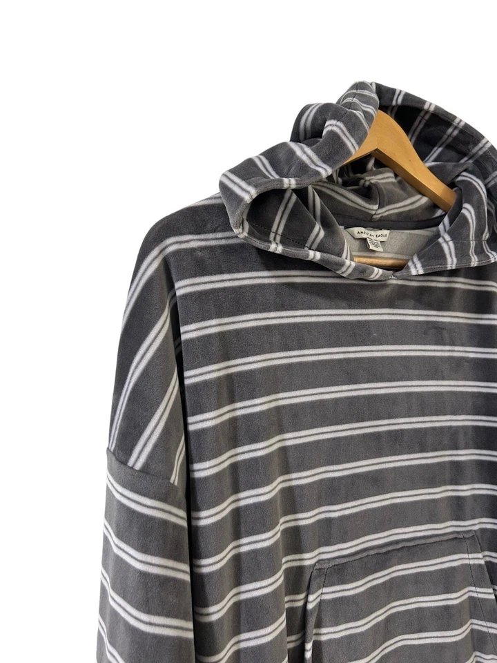 American Eagle Pullover Sudadera con Capucha Terciopelo Rayas Sudadera Gris Blanco XS Foto 2 de 4