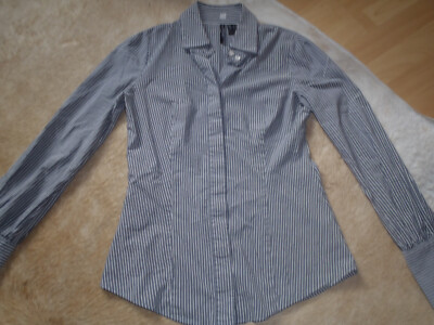 Mango women's blouse long sleeve size M striped gray white second hand look!!