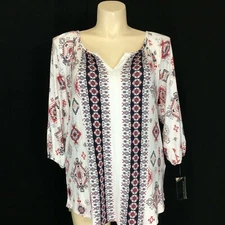 NWT Signature Studio Top Size 1X White Red Blue Peasant Tunic V Neck Stretch