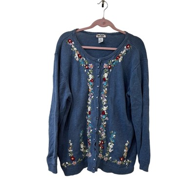 Tiara Women 18/20 Vintage Floral Embroidered Blue Cardigan Sweater Grandma Boho