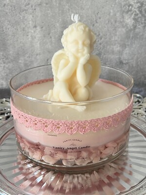 Riesige Edle Kerze im Glas mit Engel Rapswachs Gelwachs ein Blickfang rosa weiß