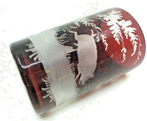 Etched Ruby Red Flash Glass Souvenir Cup Wiesbaden Germany Pig Boar Forest NICE - 第 1/12 張圖片