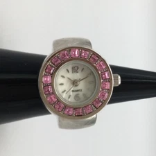 MOP Ring Watch Women 21mm Silver Tone Pink Crystals Stretch New Battery