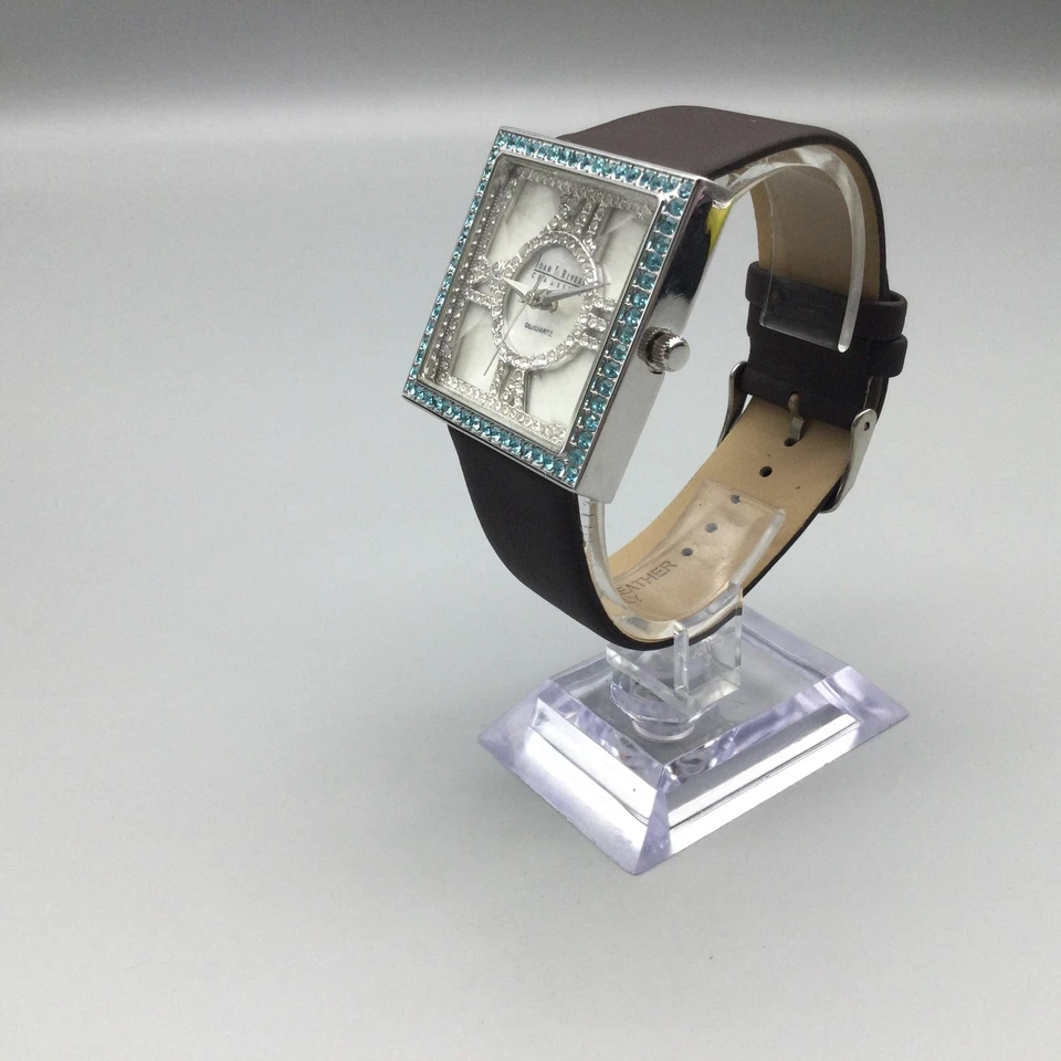 Relógio Joan Rivers Classics 37mm tom prata moldura azul couro marrom nova bateria - Imagem 4 de 4