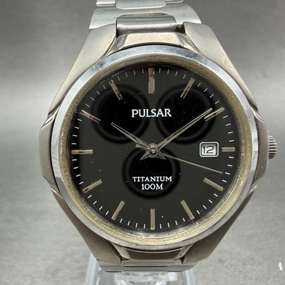 Seiko Pulsar Watch Men 37mm Black Dial Titanium Date Round VJ32-X023 New Battery