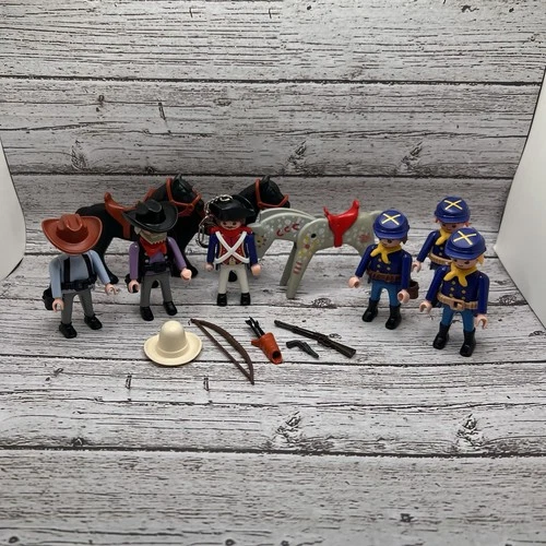 Vintage Playmobil Western Cowboys & Soldiers Lot with Horses