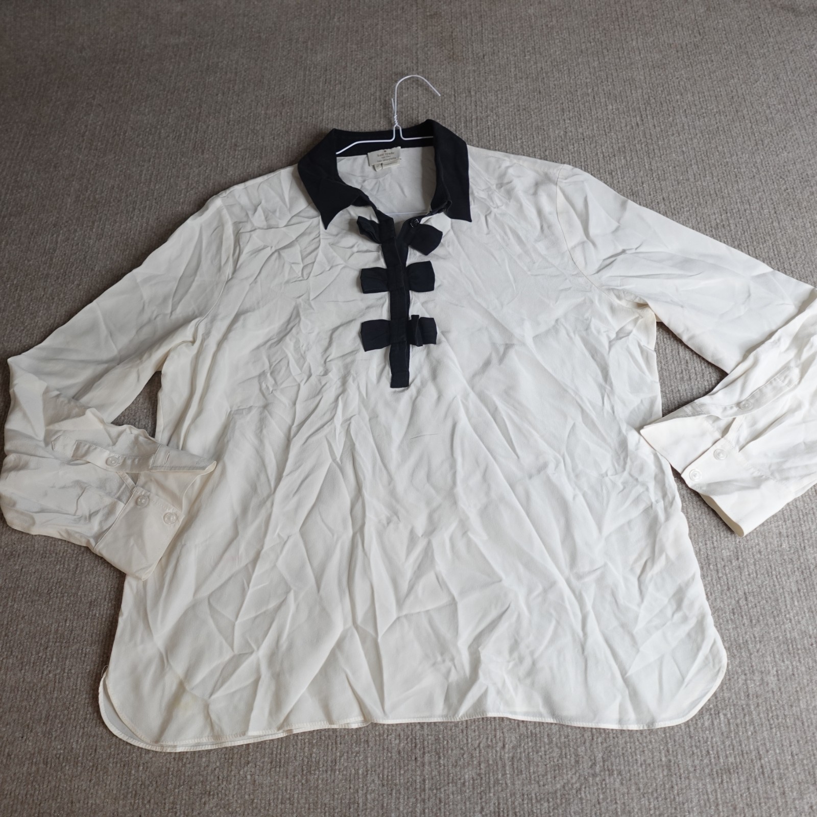 Kate Spade Womens Shirt XL Ivory 100% Silk Bow Placket