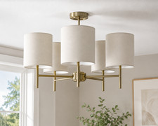 5 Light Brass Ceiling Light Cream Fabric Shades E14 Flush Chandelier Living Room