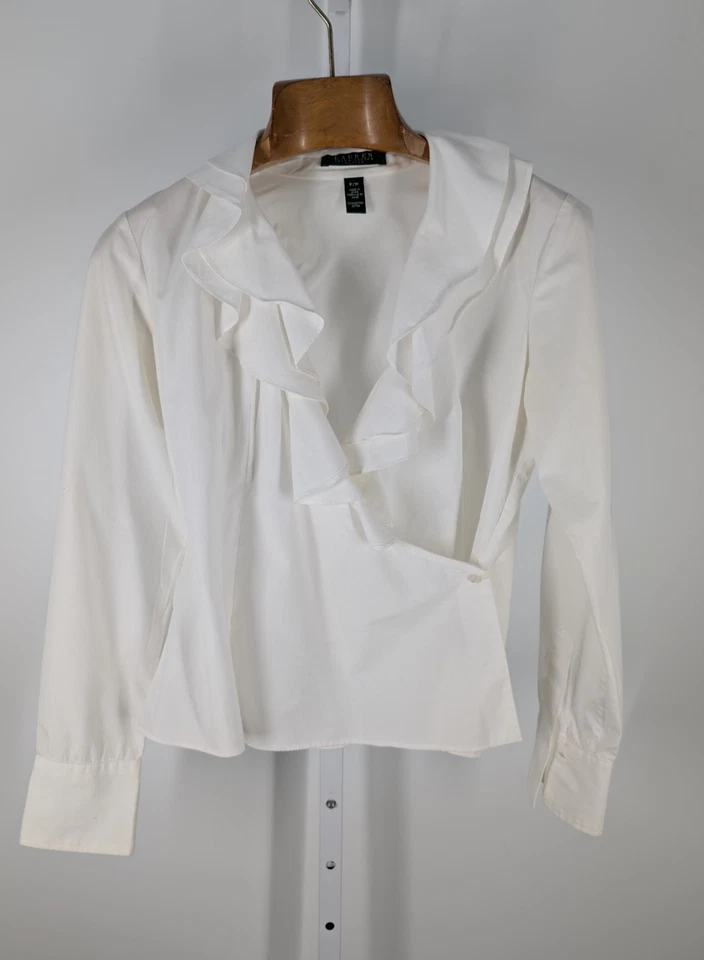 Ralph Lauren Vintage Y2K 90s Victorian Ruffle Tuxedo Wrap Shirt White French... - Image 2 of 4
