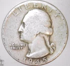 1945 D Washington Quarter - Actual Coin- 90% Silver- Good   (W27)