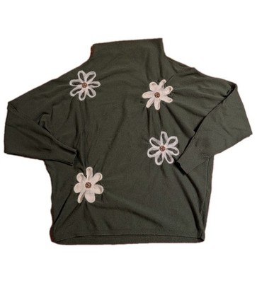 Aaeda Appliqué Boho Cottagecore Sweater Women SML Felted Flowers Dolman Knit