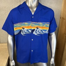 Vtg Shoreline Hawaii Hawaiian Shirt Surf Scene Blue Men  s Large Made In USA