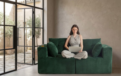 Green Corduroy Modular Loveseat Sofa Compact Couch No Assembly