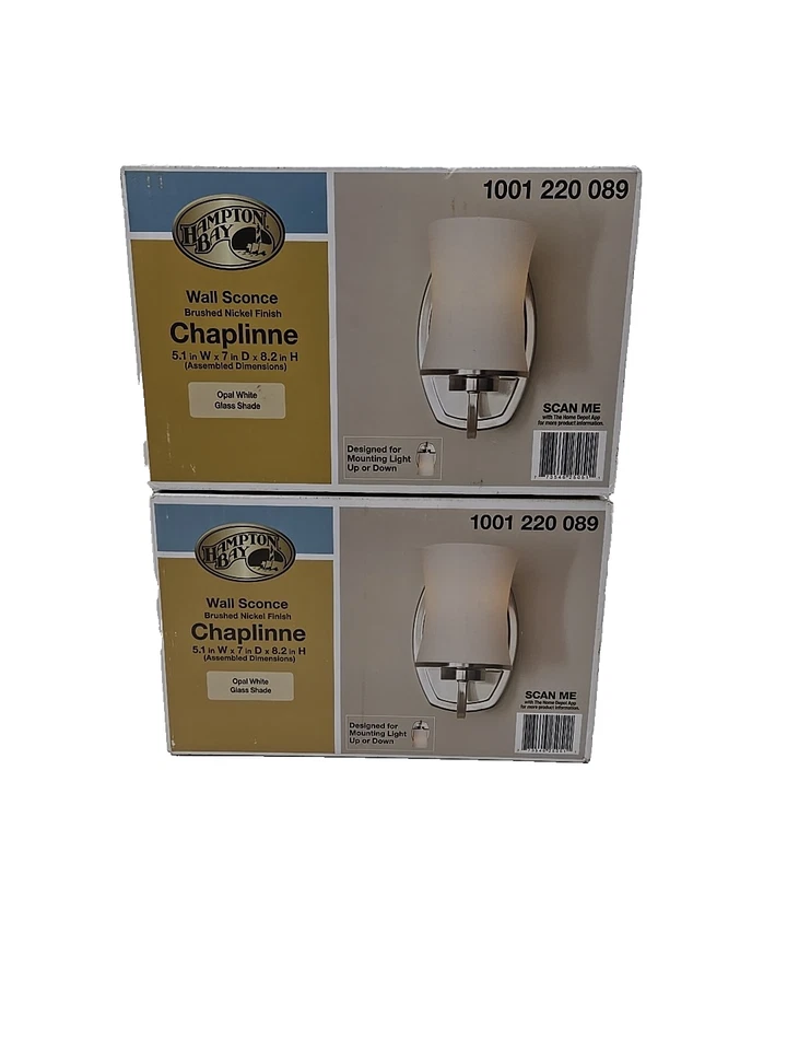 Juego de 2 - Aplique Hampton Bay Chaplinne 1 luz níquel satinado tono blanco esmerilado Foto 3 de 3