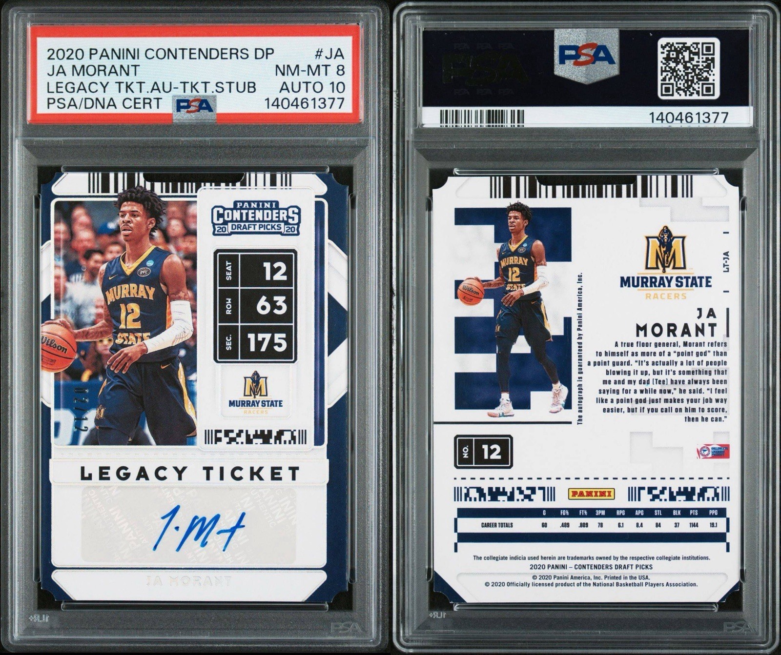 2020 Panini Contenders Draft Picks Legacy Ticket Auto Ja Morant PSA 8 AUTO 10