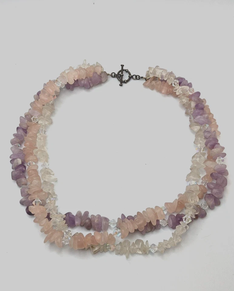 复古 3股宝石芯片透明粉红色石英、紫水晶和 AB 项链 18 — 第 2/4 张图片