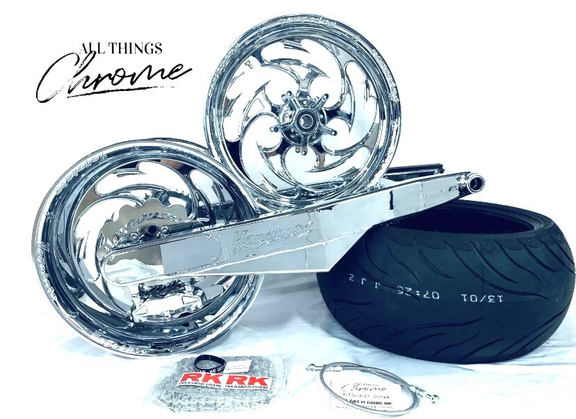 HAYABUSA 360 CHROME FAT TIRE KIT-ENGRAVED SHREDDER WHEELS 99-07 SUZUKI HAYABUSA