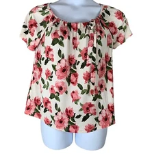 Naif Size Small Top Floral Short Sleeved Blouse Tie Neckline Womens Shirt