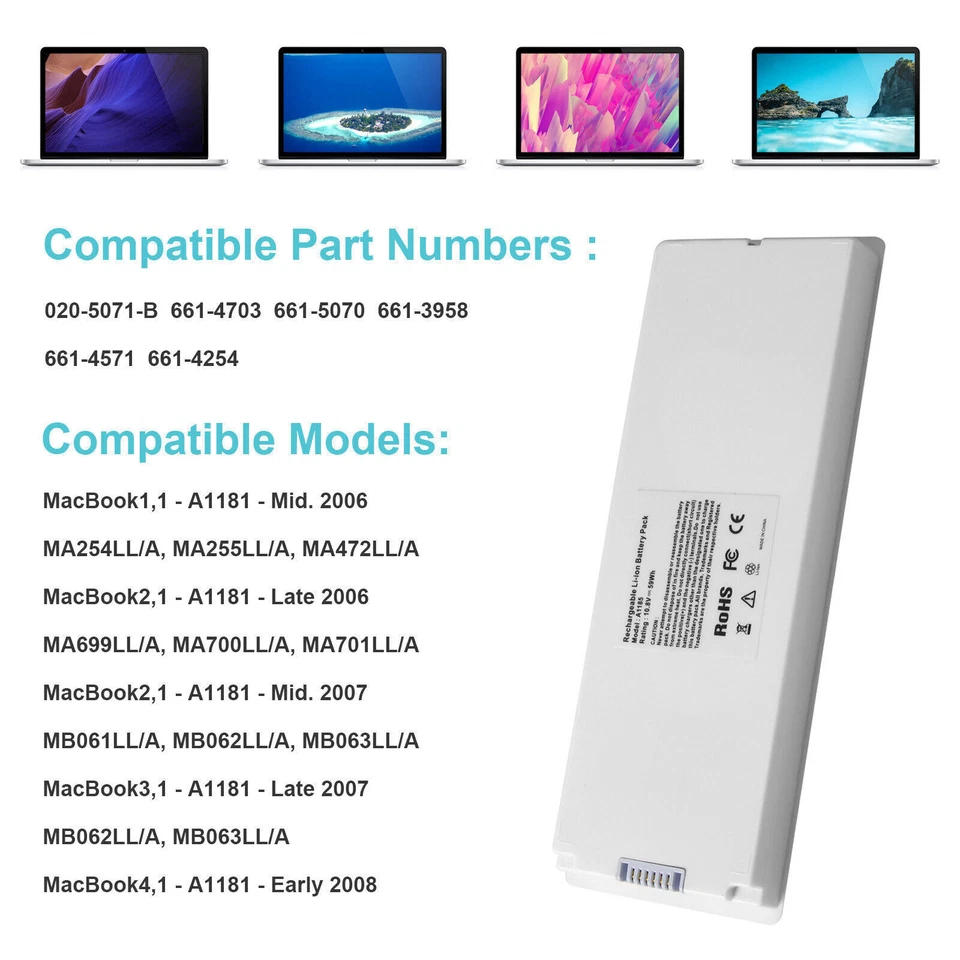Batería para Apple MacBook 13" A1185 A1181 2006 2007 2008 2009 MA566 MA561 Rápido Foto 2 de 4
