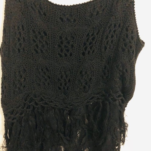 Lace Knit Black Sleeveless Womens Tank Top With Fringed See Through Bottom - Picture 8 of 11