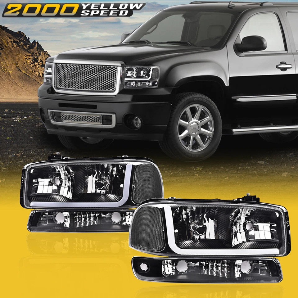 Fit For 99-07 GMC Sierra 1500 2500 LED DRL Black/Clear Headlights+Bumper Lamps - Image 2 of 4
