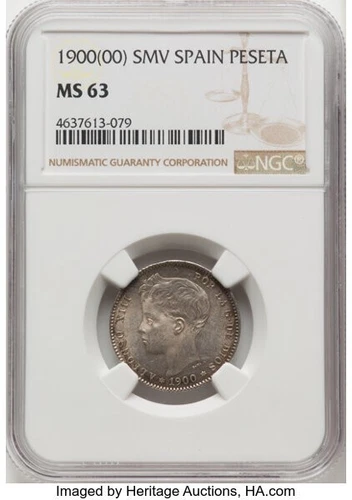 1900 SM V Spain 1 Peseta Silver Coin  MS63 NGC