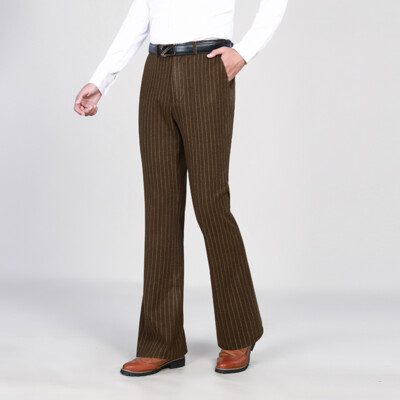 Men Bell Bottom Vintage Flared Pants Business Casual Striped Trousers Slim Solid