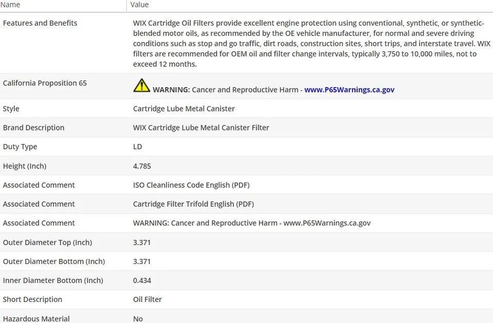 Filtro de aceite de motor OEM WIX para MERCEDES-BENZ 450SL 1973-1980 V8-4,5 L Foto 3 de 4