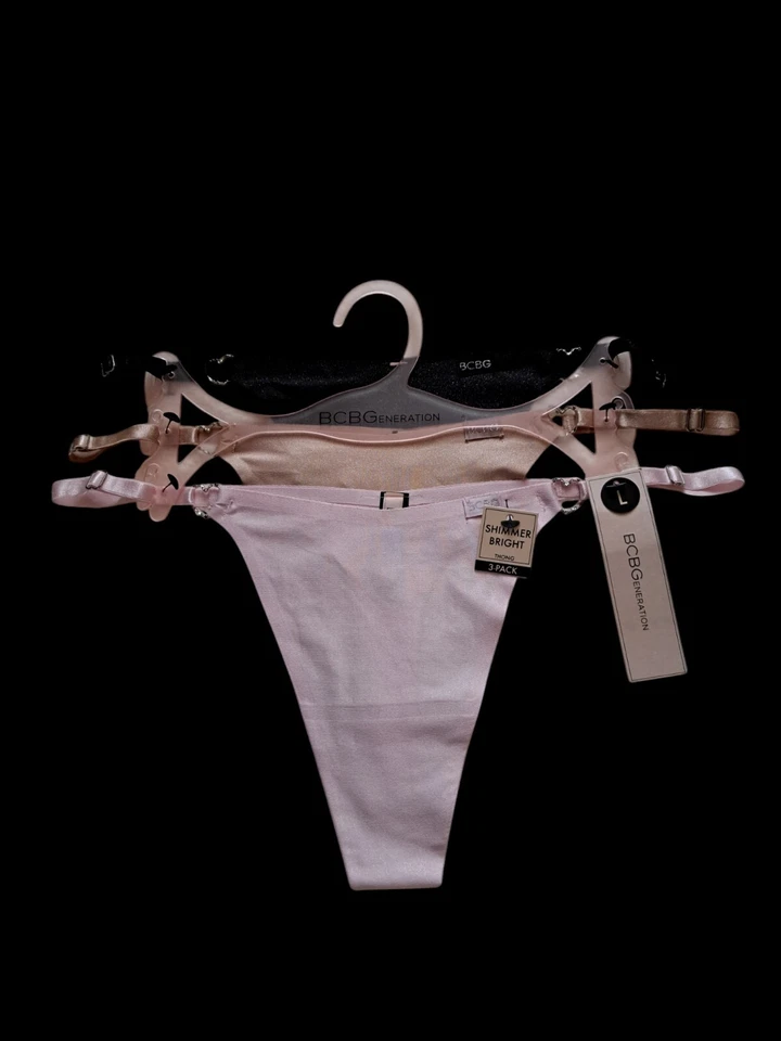 BCBGeneration 3 Pack Shimmer Bright Thong Panties Black Beige Pink Size L. - Image 3 of 4