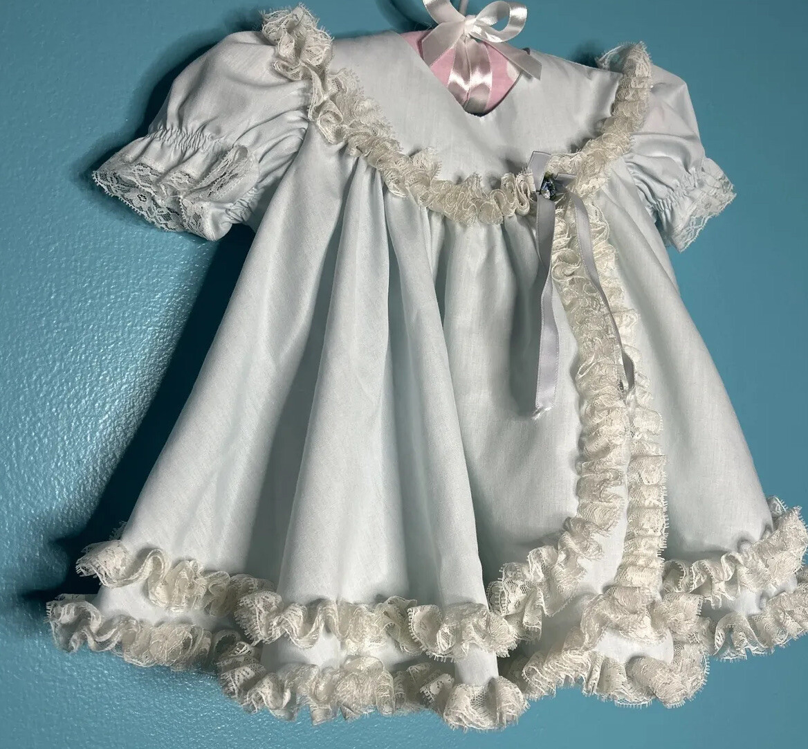 Vintage Baby Dress Bryan Light Blue White Ruffle Lace Full Circle  
