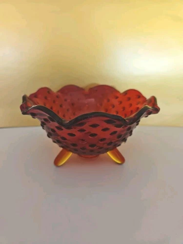 Vintage Fenton Amberina Red Crimped Ruffled Hobnail 3 Footed Glass Bowl 6 x 3.25