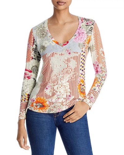 Johnny Was Milly Favorite Long-Shirt V-Ausschnitt beige rosa Blumen Oberteil XXL NEU - Bild 3 von 6
